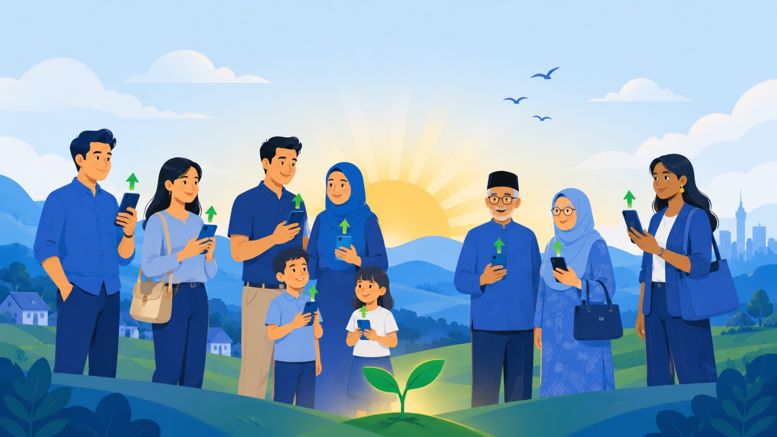 A movement of financially confident Malaysian families of every background, facing a hopeful sunrise